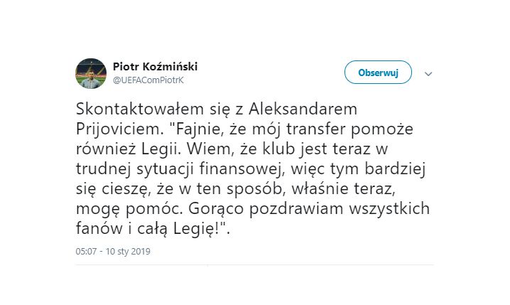 Prijović nie zapomina o Legii Warszawa!